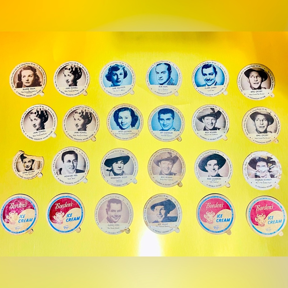 Vintage Twenty-Four [24] Bordens Ice Cream Cups, Dixie Movie Lids w/ 50's Celebs